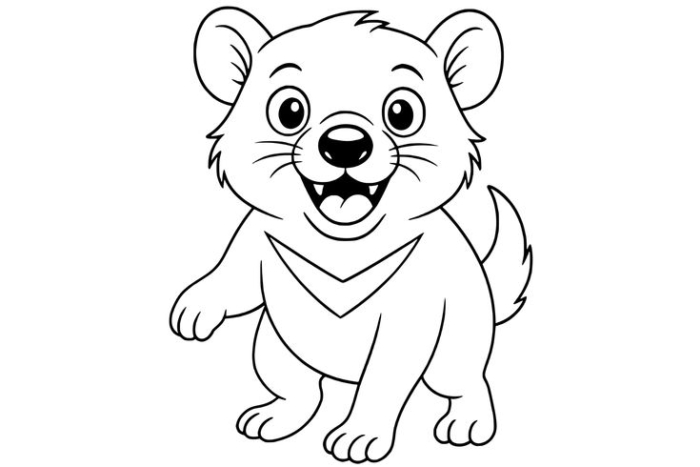 A black-and-white cartoon animal with big eyes and a smile, outline only A black-and-white cartoon animal with big eyes and a smile, outline only