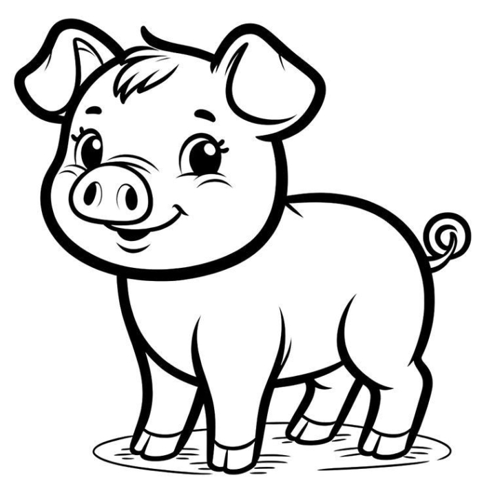 A black and white cartoon pig standing on the ground with open eyes and tongue out A black and white cartoon pig standing on the ground with open eyes and tongue out
