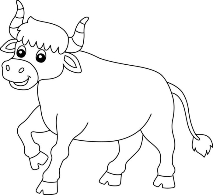 A black and white coloring page of a bull with horns