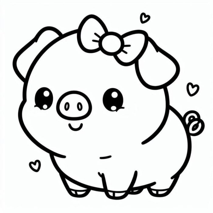 A black and white coloring page of a pig with a bow on its head and hearts around its neck
