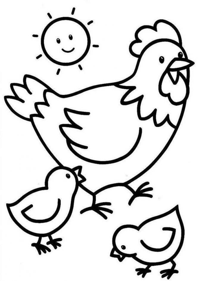 A black and white coloring page of two chickens under the sun A black and white coloring page of two chickens under the sun