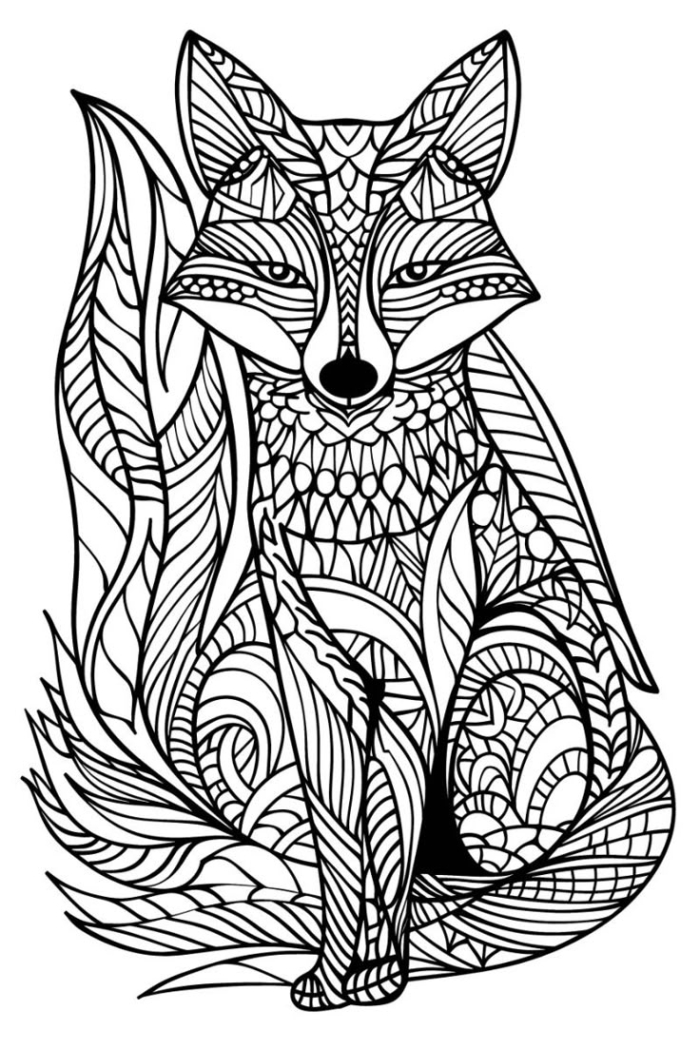 A black and white outline of a fox sitting among leaves for coloring A black and white outline of a fox sitting among leaves for coloring