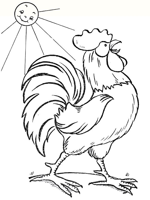 A black and white outline of a rooster with the sun in the background A black and white outline of a rooster with the sun in the background