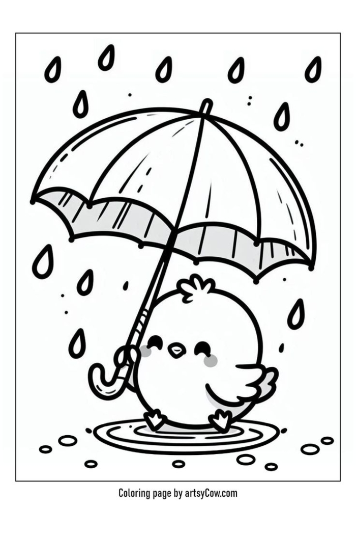A cartoon bird holding an umbrella in the rain for a coloring page A cartoon bird holding an umbrella in the rain for a coloring page