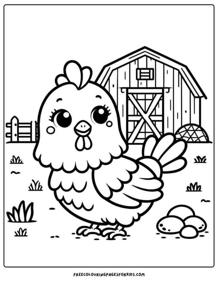 A cartoon chicken in front of a barn A cartoon chicken in front of a barn