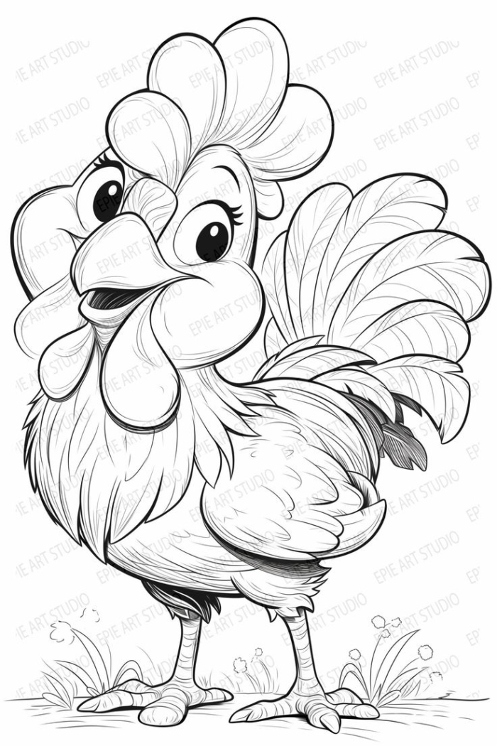 A cartoon chicken standing in the grass for coloring page A cartoon chicken standing in the grass for coloring page