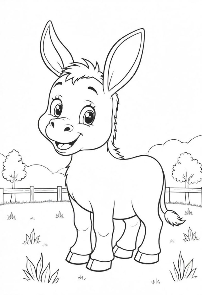A cartoon donkey standing on grass with trees and bushes behind it, coloring page