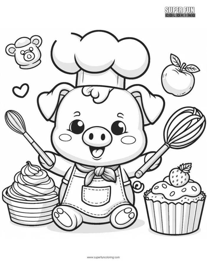 A cartoon pig chef with cupcakes and an apple for coloring A cartoon pig chef with cupcakes and an apple for coloring