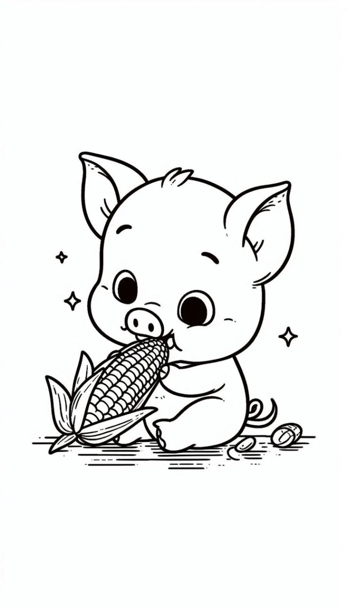 A cartoon pig eating corn on the cob for coloring A cartoon pig eating corn on the cob for coloring