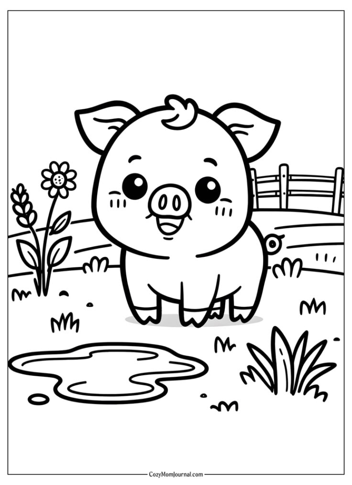 A cartoon pig standing in the grass near a pond with flowers and plants around it A cartoon pig standing in the grass near a pond with flowers and plants around it