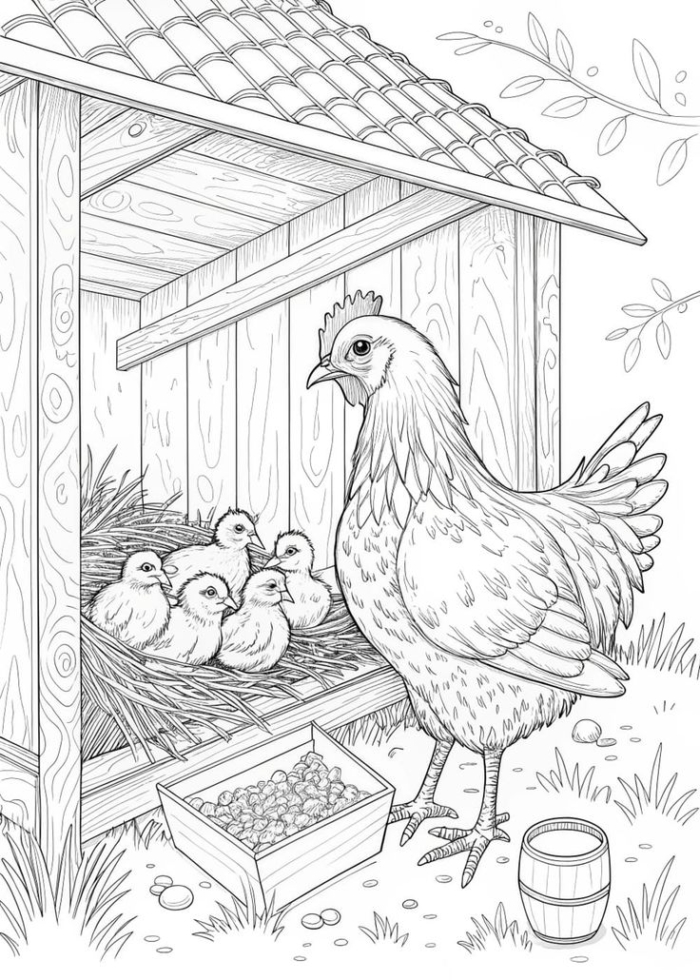 A chicken with her chicks in the coop coloring page for all ages A chicken with her chicks in the coop coloring page for all ages