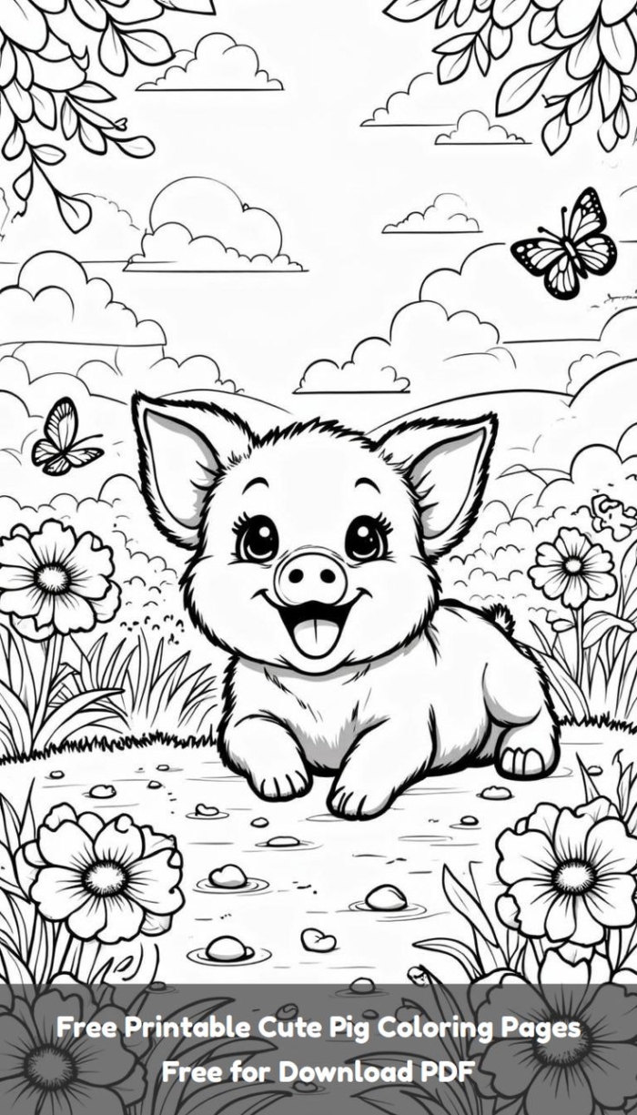 A coloring page of a dog sitting in the grass with butterflies flying above A coloring page of a dog sitting in the grass with butterflies flying above