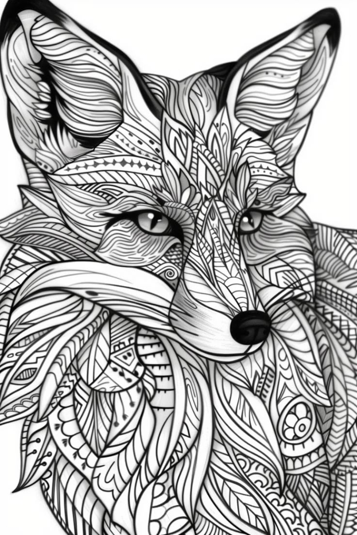 A coloring page of a fox with detailed patterns on its face A coloring page of a fox with detailed patterns on its face