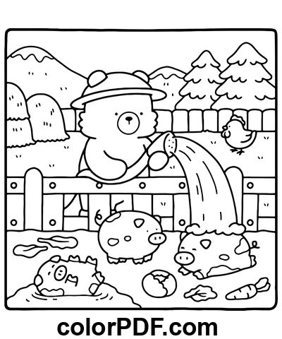 A coloring page of a pig playing in the water with other animals A coloring page of a pig playing in the water with other animals