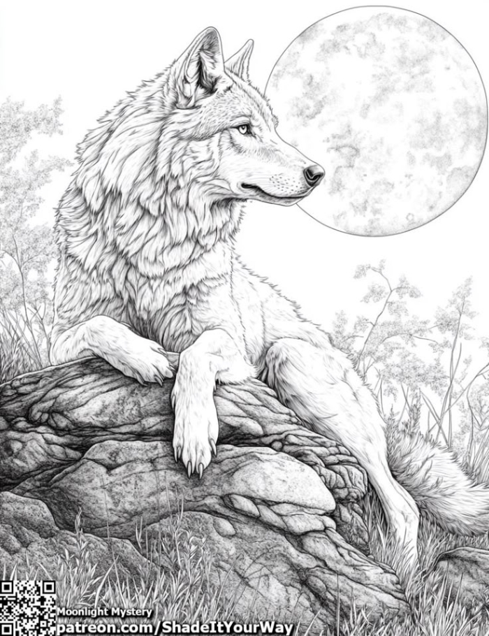 A coloring page of a wolf sitting on a rock A coloring page of a wolf sitting on a rock