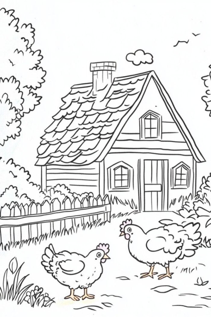 A coloring page of chickens in front of a house A coloring page of chickens in front of a house