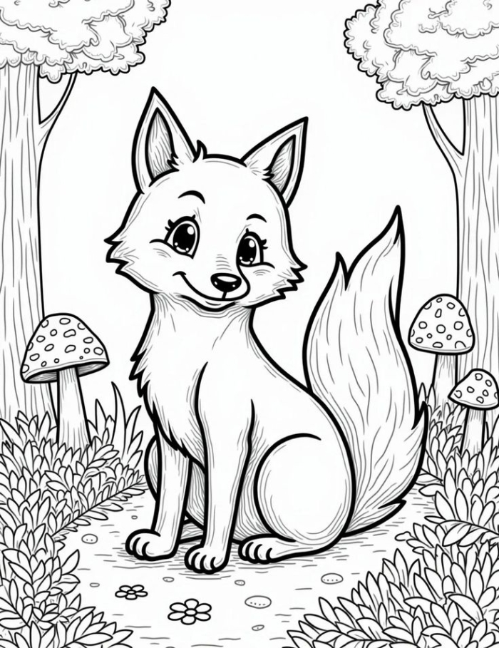 A cute fox sitting in the forest with mushrooms and trees in the background, coloring page line art A cute fox sitting in the forest with mushrooms and trees in the background, coloring page line art