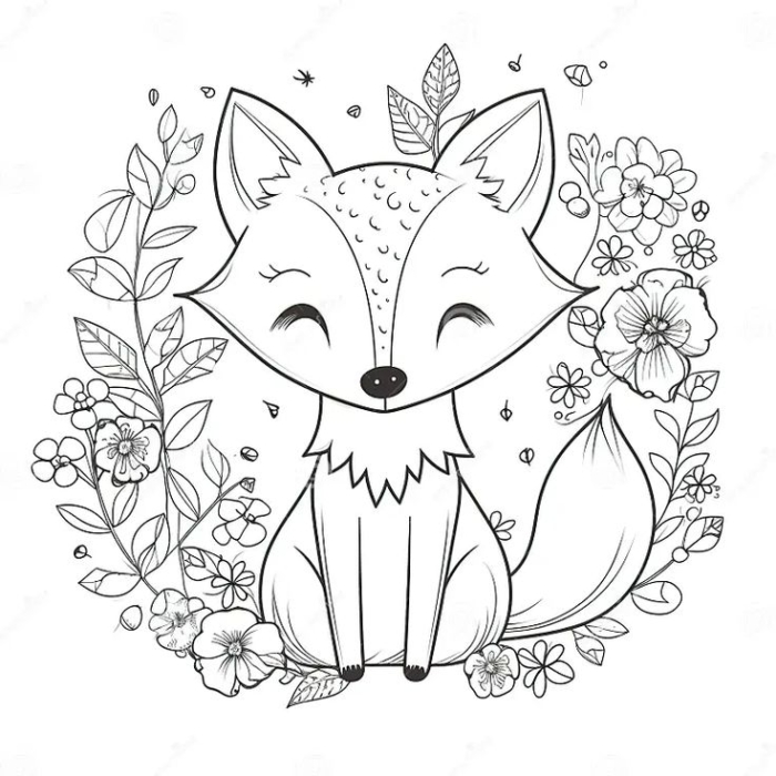 A cute fox surrounded by flowers and leaves A cute fox surrounded by flowers and leaves