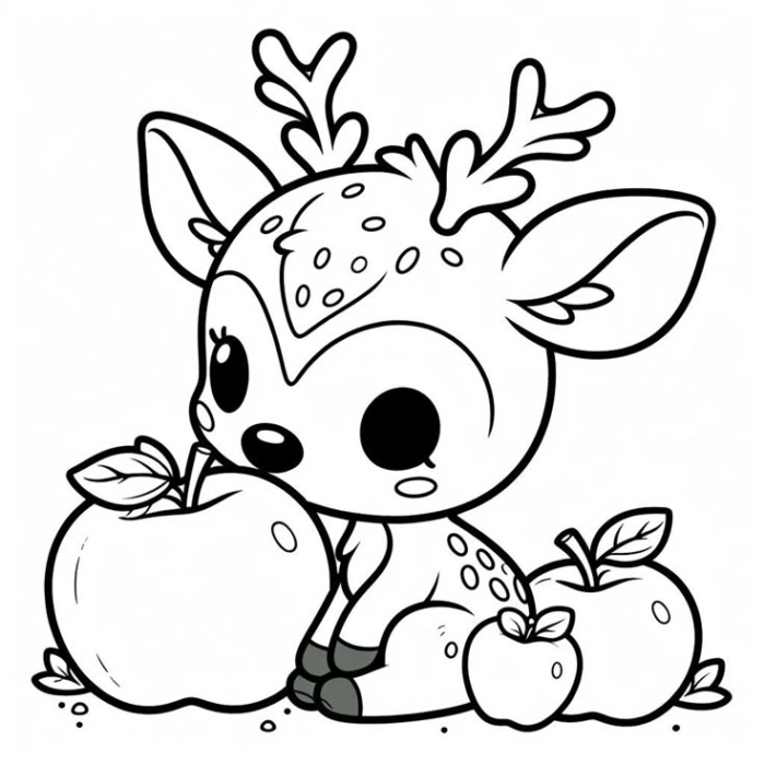A cute little deer sitting next to two apples