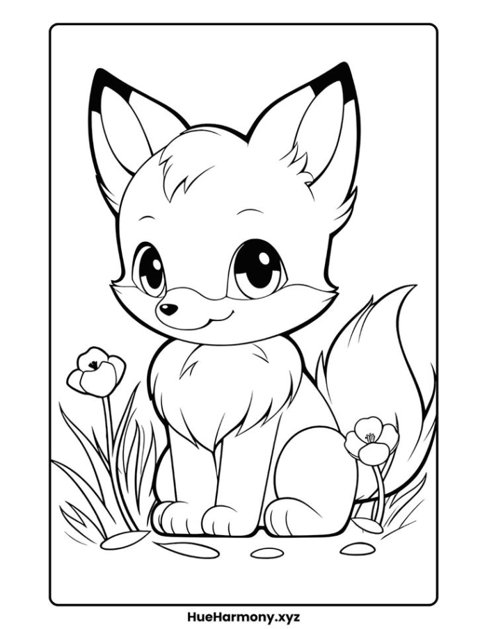 A cute little fox sitting in the grass with flowers on its head and eyes A cute little fox sitting in the grass with flowers on its head and eyes