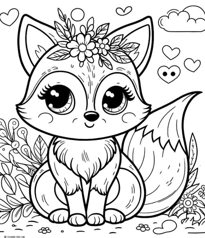 A cute little fox sitting on the ground with flowers in her hair and hearts above it for coloring A cute little fox sitting on the ground with flowers in her hair and hearts above it for coloring