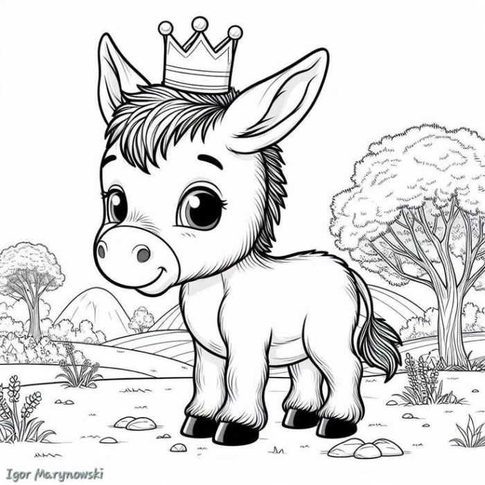 A donkey with a crown standing in a field A donkey with a crown standing in a field