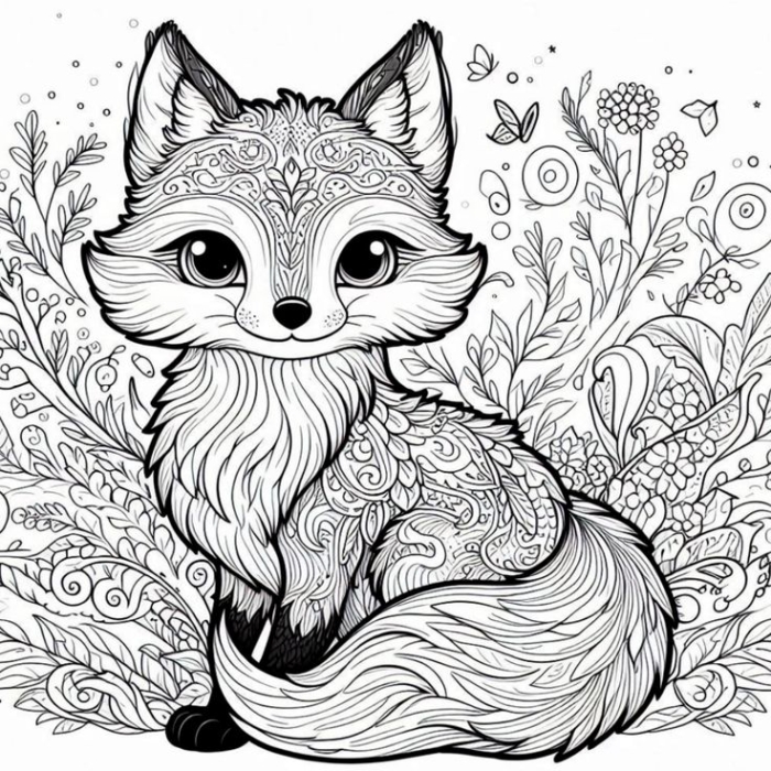 A fox sitting in the grass with flowers for coloring A fox sitting in the grass with flowers for coloring