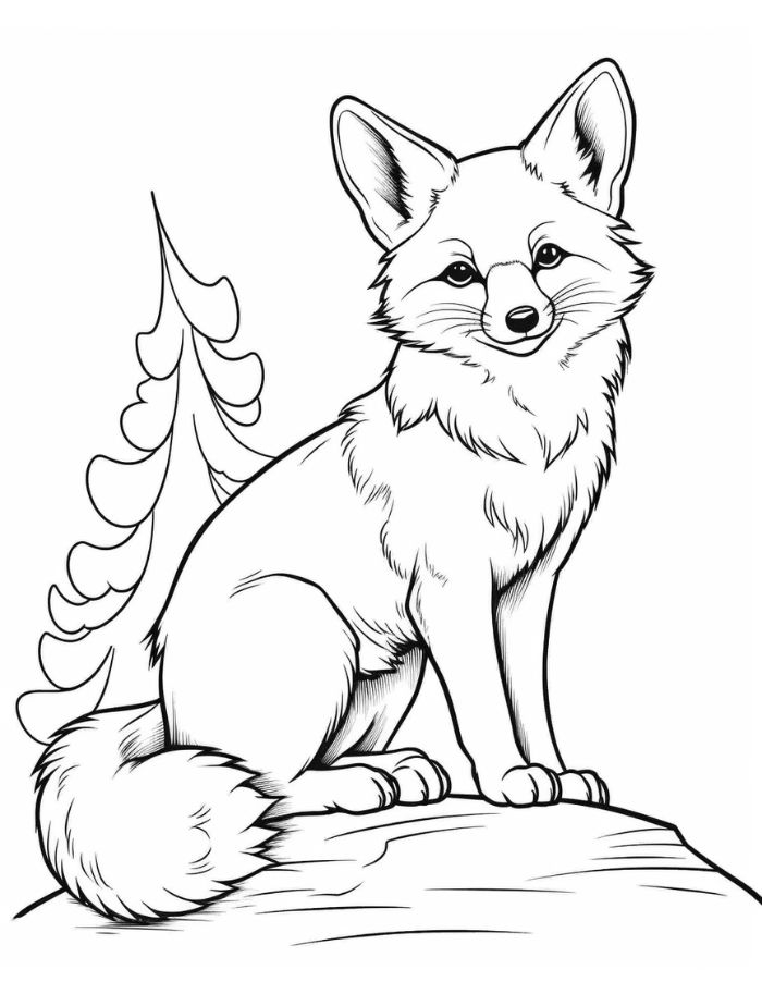 A fox sitting on a tree stump in front of a christmas tree coloring page A fox sitting on a tree stump in front of a christmas tree coloring page