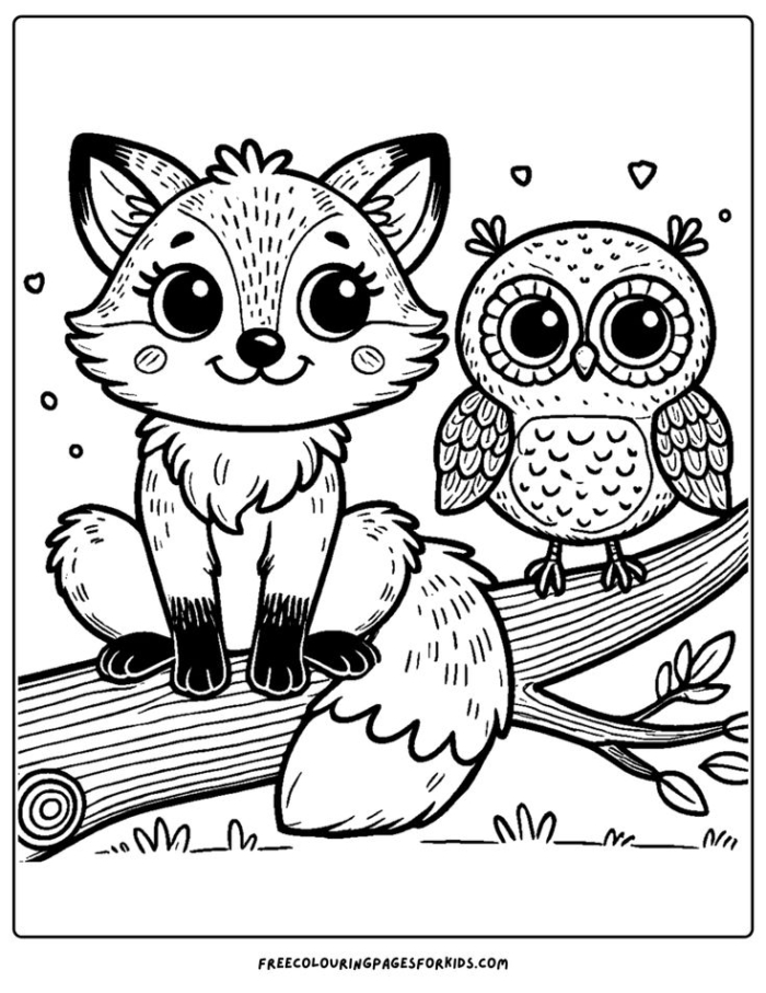 A fox sitting with an owl on a branch A fox sitting with an owl on a branch