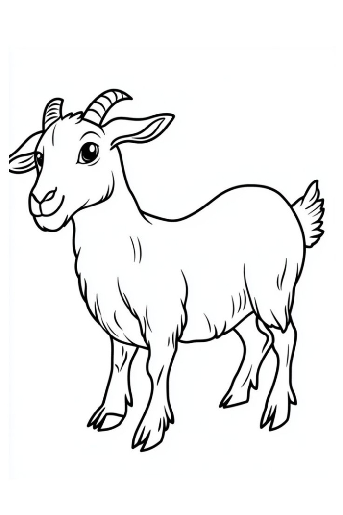 A goat with horns standing in the grass coloring page for kids, free to print and color