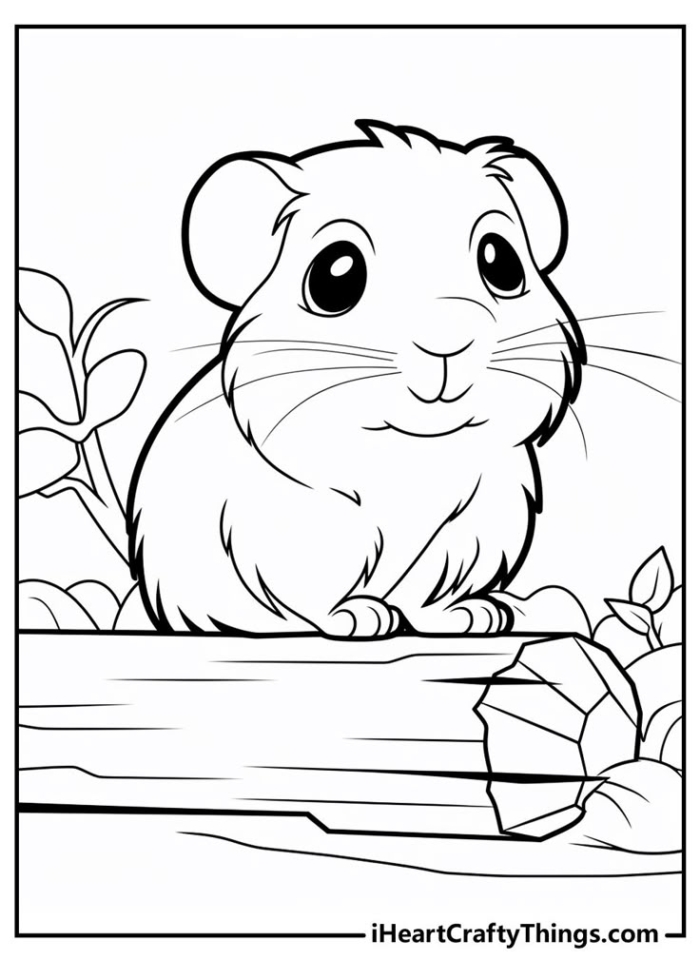 A hamster on a log with leaves and flowers in the background A hamster on a log with leaves and flowers in the background
