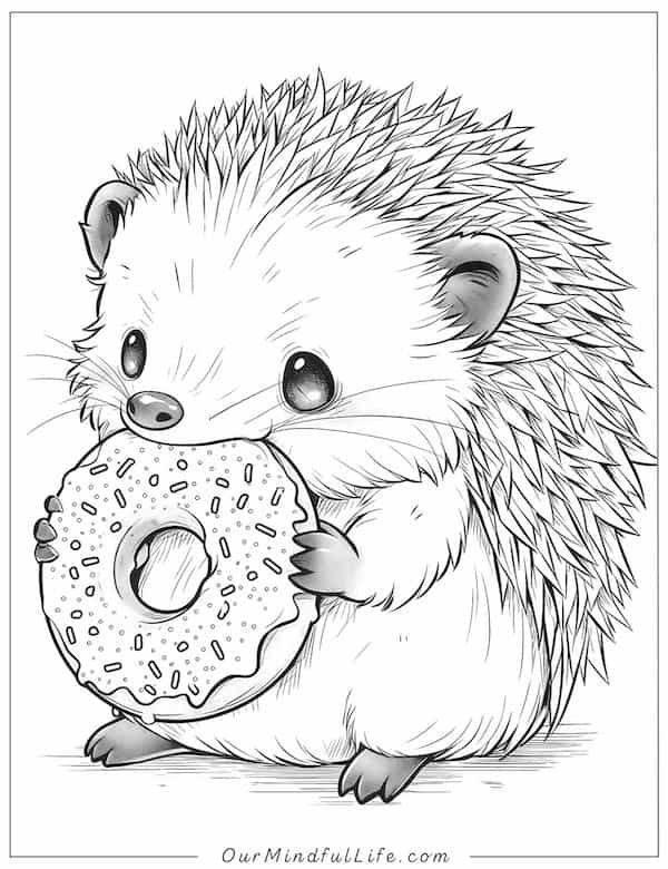 A hedgehog holding a doughnut in its paws