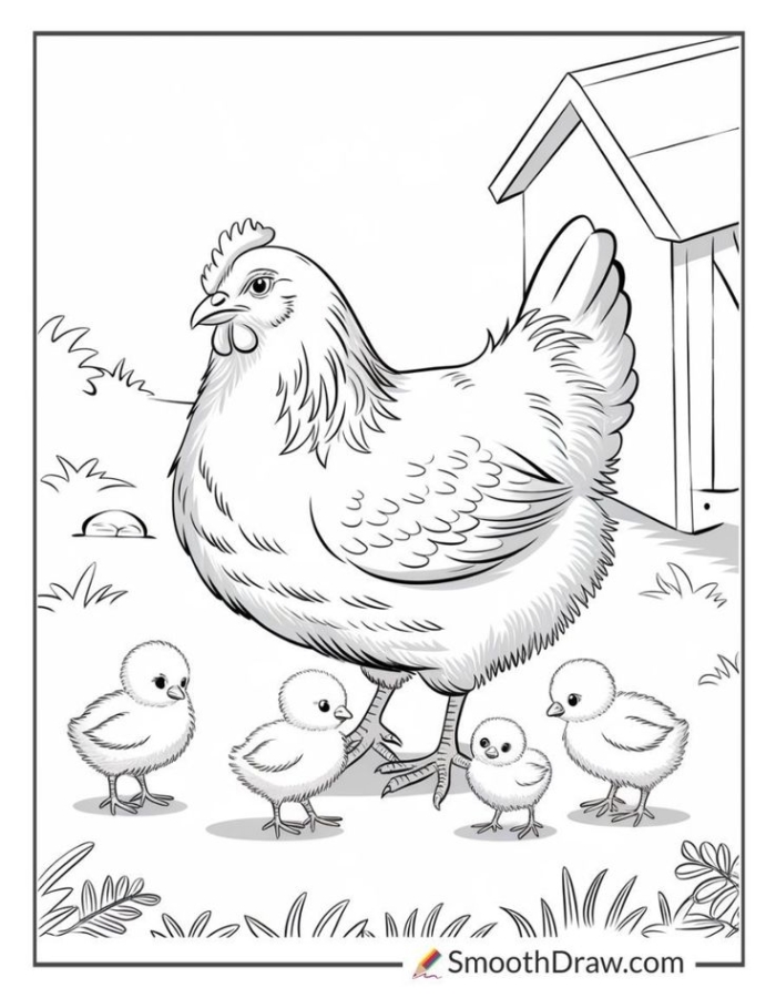A hen with her chicks in the grass near a birdhouse coloring page A hen with her chicks in the grass near a birdhouse coloring page