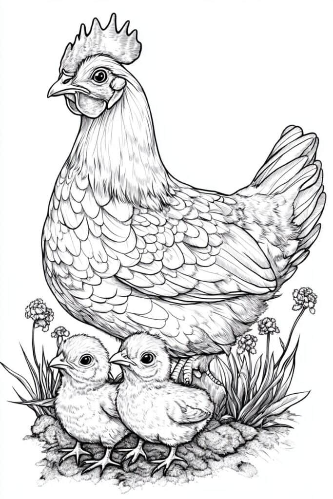 A hen with her chicks in the grass A hen with her chicks in the grass