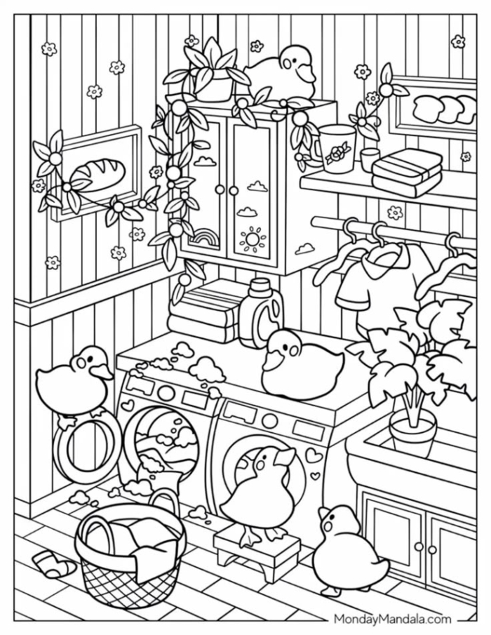 A kitchen coloring page filled with toys and play items