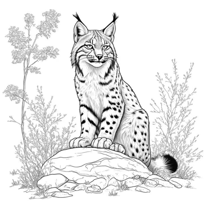 A line drawing of a cat sitting on a rock for coloring page