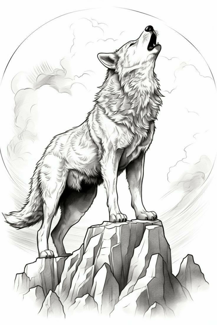 A line drawing of a wolf on a mountain looking up at the sky A line drawing of a wolf on a mountain looking up at the sky