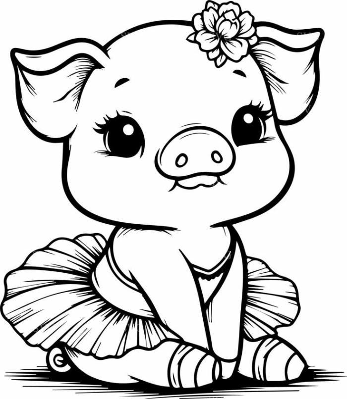 A little pig with a flower in her hair sitting on the floor coloring page for kids A little pig with a flower in her hair sitting on the floor coloring page for kids