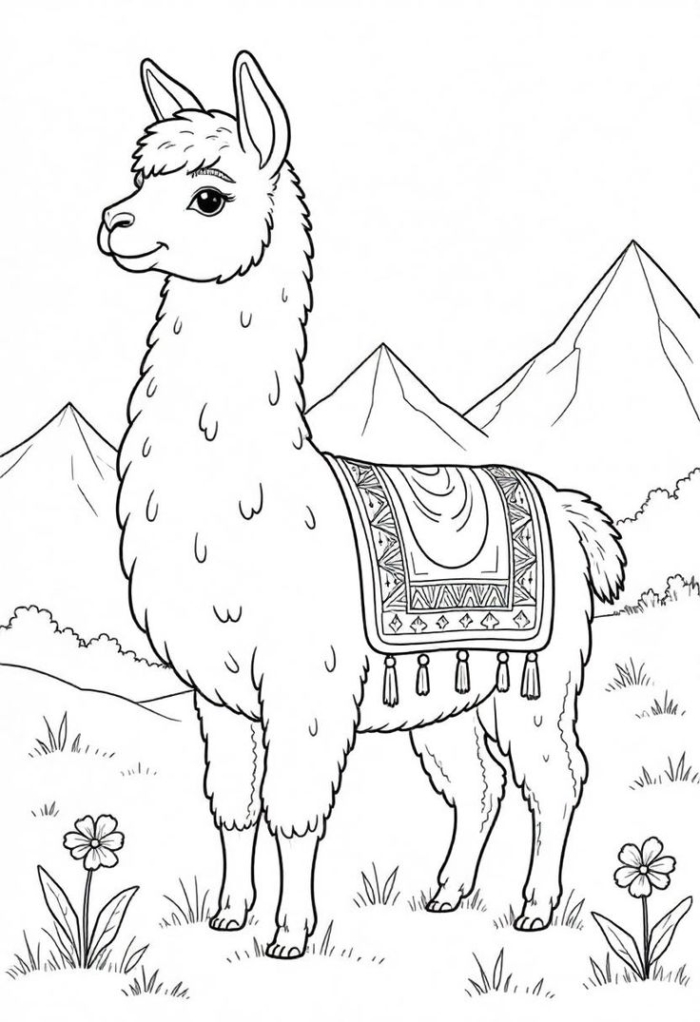 A llama in the grass with mountains and flowers around it