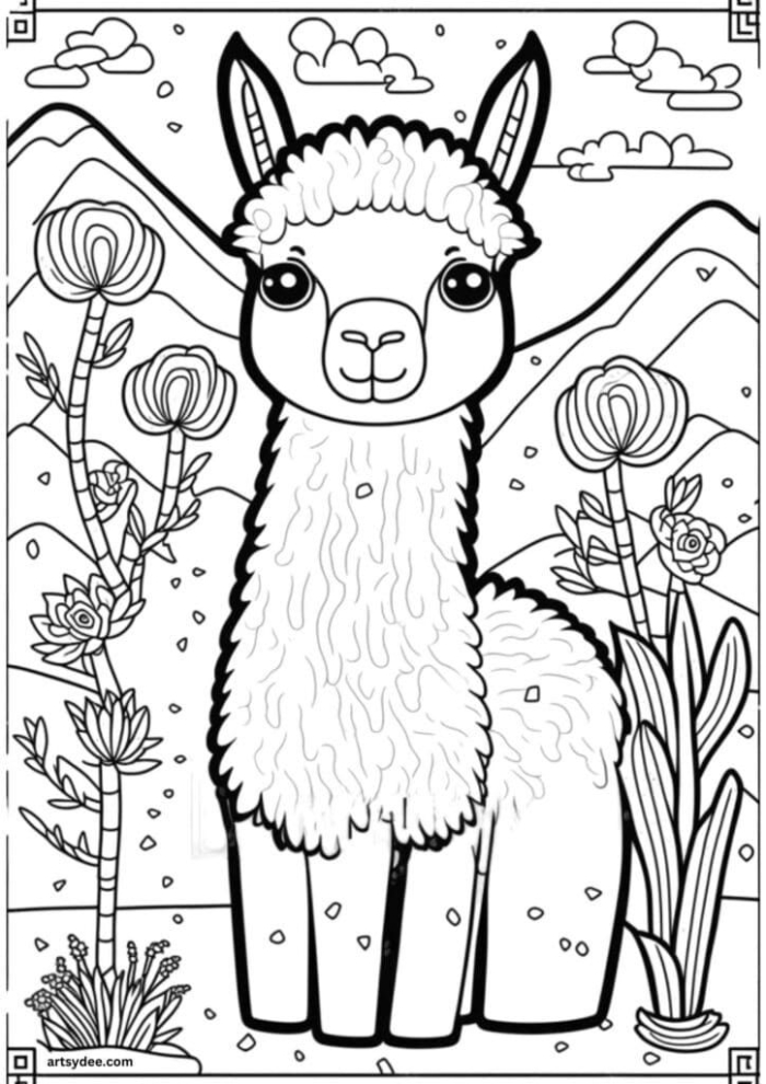 A llama surrounded by flowers and clouds in the background, coloring page for adults