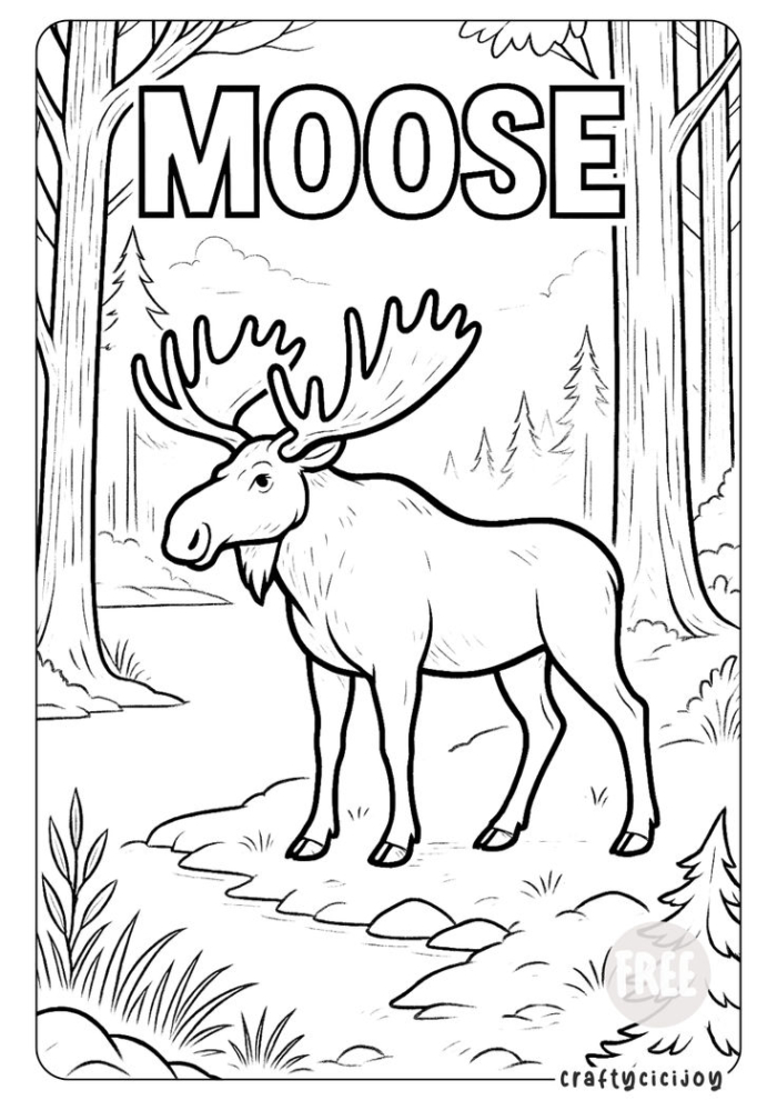 A moose in the woods outline for coloring