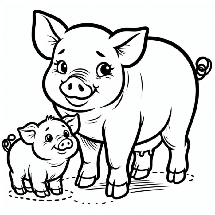 A pig and its piglet standing side by side in black and white coloring page style A pig and its piglet standing side by side in black and white coloring page style