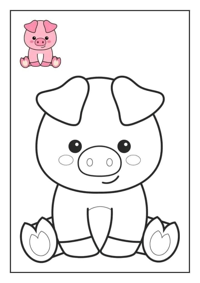 A pig sitting beside a coloring page A pig sitting beside a coloring page