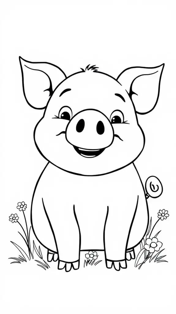 A pig sitting in the grass with flowers on its side and smiling A pig sitting in the grass with flowers on its side and smiling