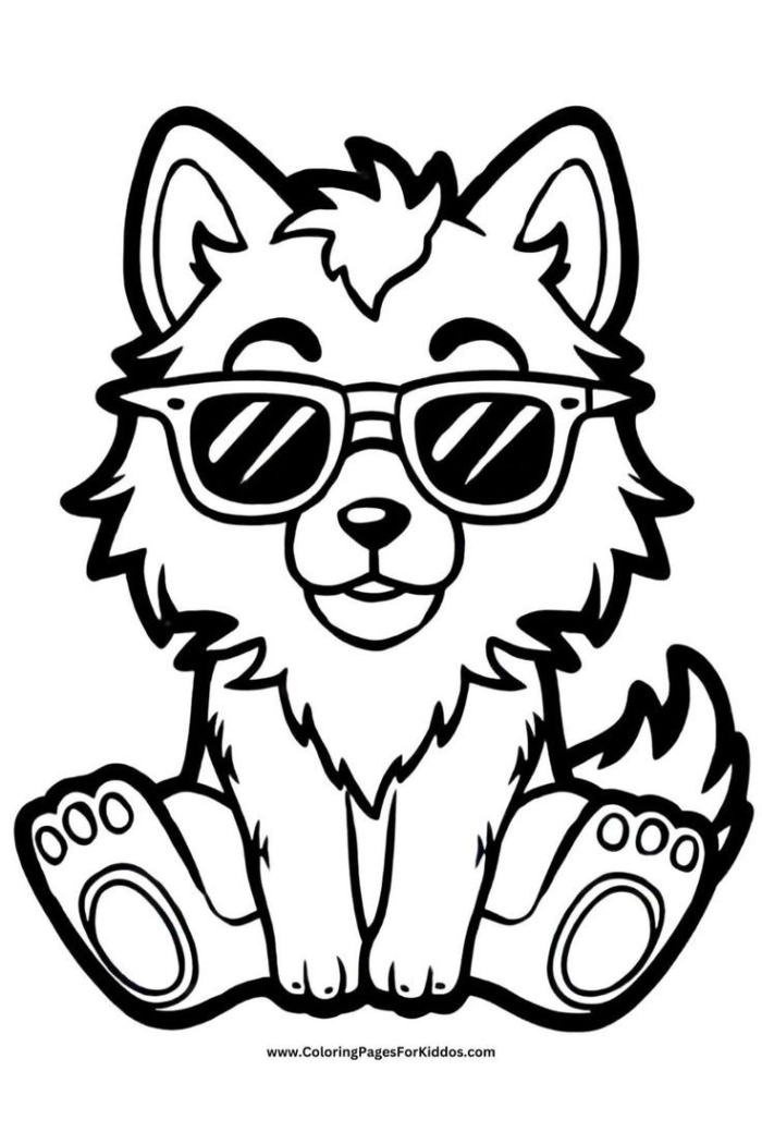 A playful wolf sitting down with sunglasses for coloring A playful wolf sitting down with sunglasses for coloring