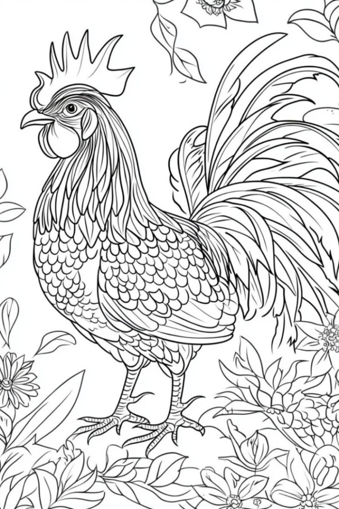 A rooster standing in the grass with flowers and butterflies around it, coloring page