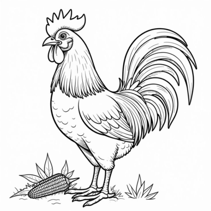 A rooster standing next to corn stalks with dates, suitable for kids and adults to color farm scenes and animals A rooster standing next to corn stalks with dates, suitable for kids and adults to color farm scenes and animals