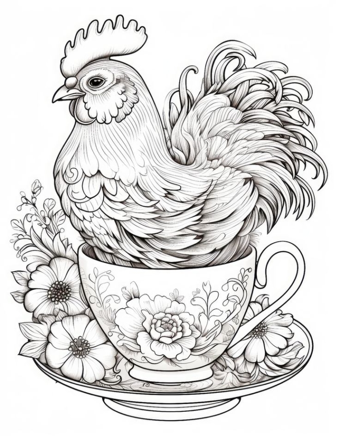 A simple drawing of a rooster sitting in a teacup with flowers on the saucer A simple drawing of a rooster sitting in a teacup with flowers on the saucer