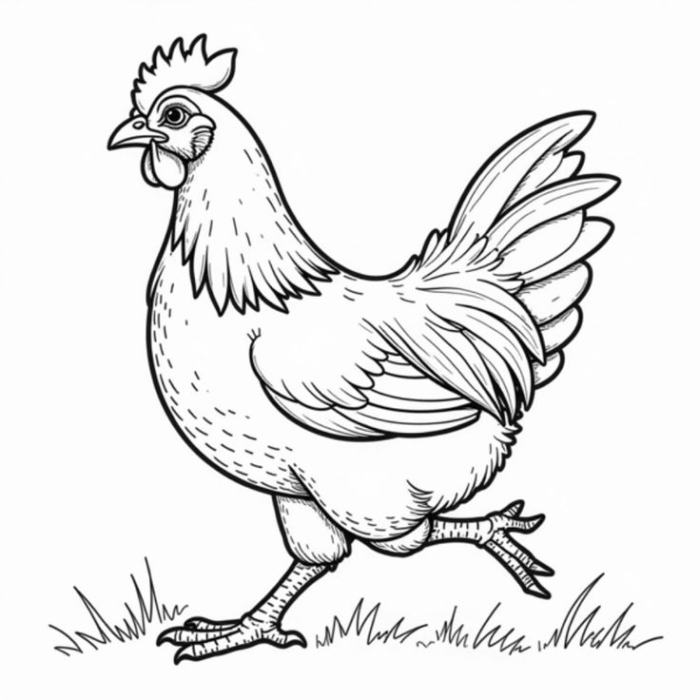 A simple outline of a hen walking coloring page, suitable for kids and adults to color and have fun A simple outline of a hen walking coloring page, suitable for kids and adults to color and have fun