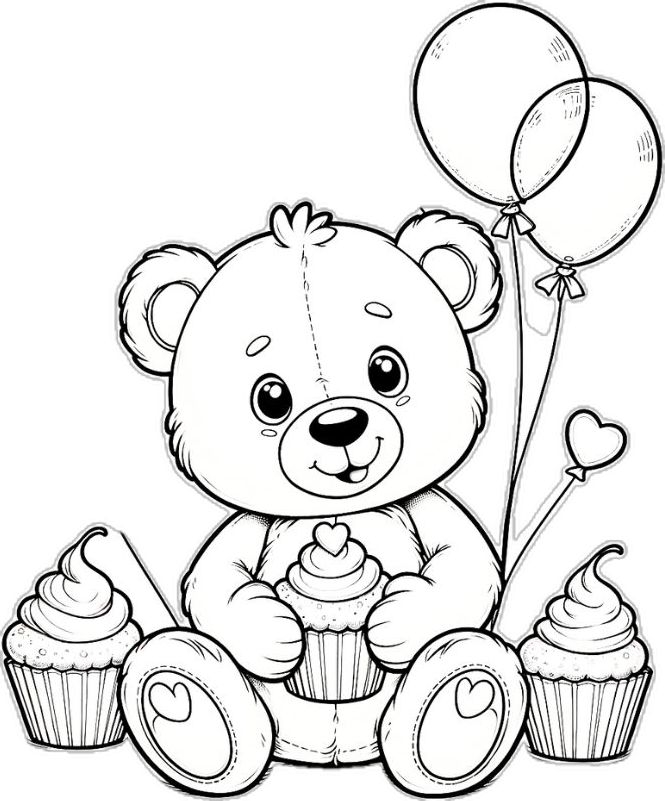 A teddy bear with cupcakes and balloons